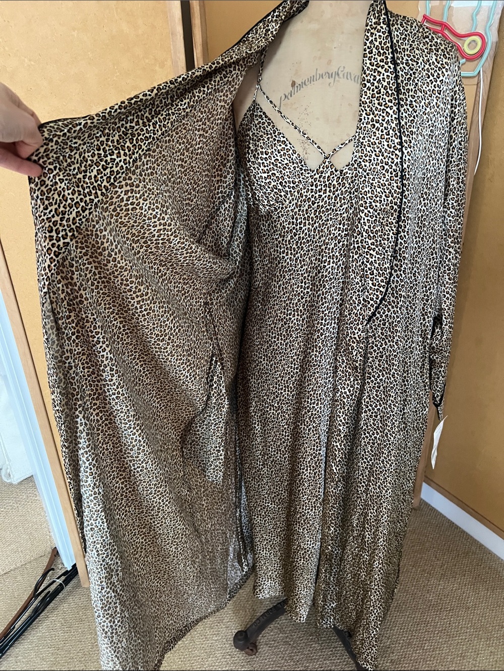 Leopard Print Silk Midi Chemise with Matching Robe - Beige/Black - Picture 3 of 10